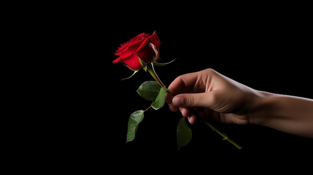 Mano che tiene un singolo fiore di rosa rossa su sfondo nero