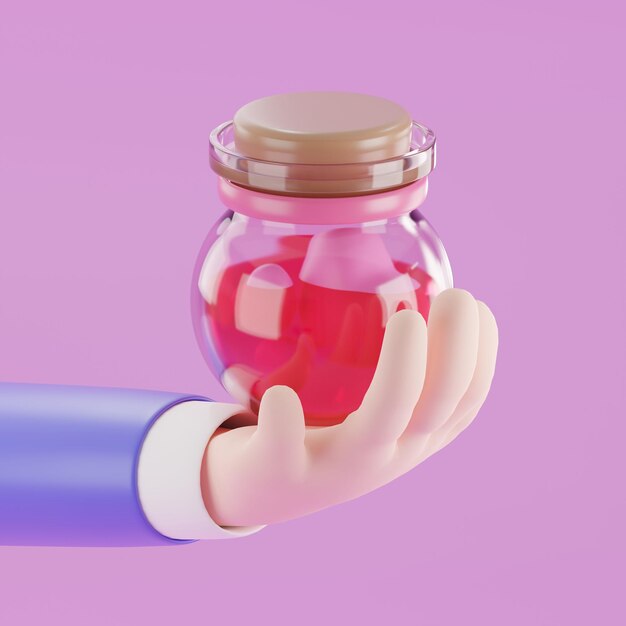 Mano che tiene un vaso rosa con un liquido rosa all'interno del rendering 3d isolare su sfondo rosa