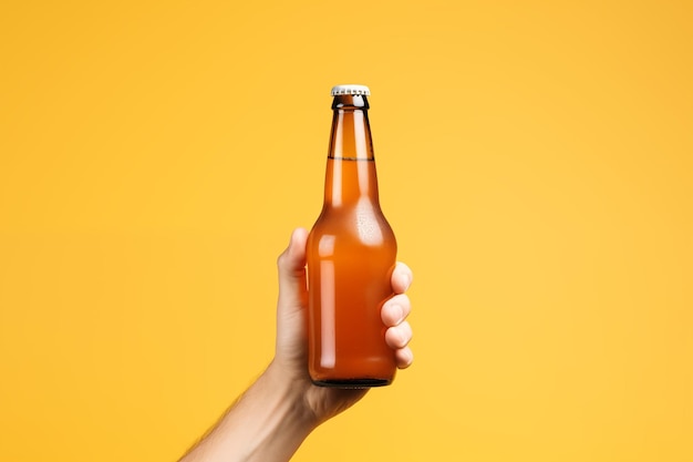 mano che tiene una birra su sfondo giallo da Generative AI