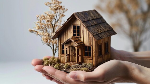 Mano che tiene una casa minimalista in miniatura concetto di casa da sogno