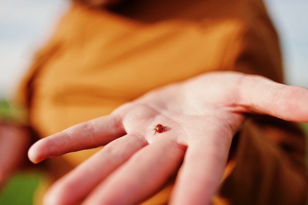 mano che tiene una coccinella