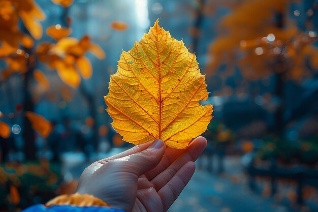 Mano che tiene una foglia gialla d'autunno in primo piano alla luce del sole su una strada affollata Bokeh sfondo autunnale