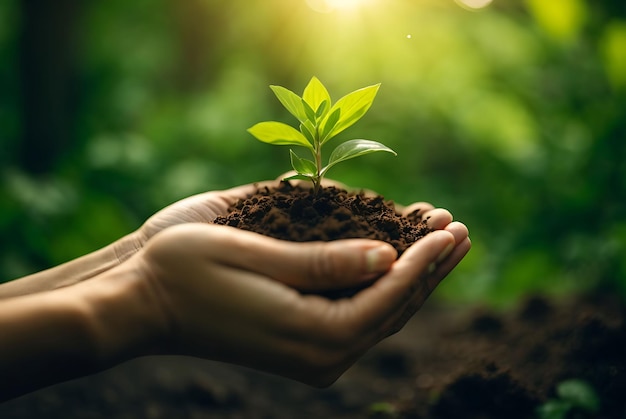 mano che tiene una pianta giovane su sfocatura verde natura sfondo concetto di eco-giorno della terra