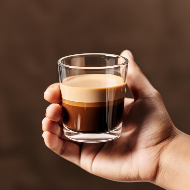 Mano che tiene una tazza di caffè espresso macchiato concetto di pubblicità