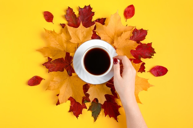 Mano che tiene una tazza di caffè forte Bevanda calda autunnale e foglie gialle cadute su sfondo luminoso