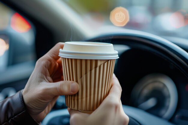 Mano che tiene una tazza di carta di caffè in macchina Persona che beve caffè mentre guida l'auto AI generativa