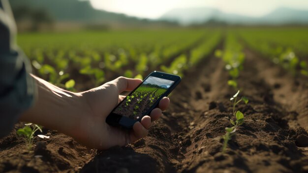 Mano che tiene uno smartphone in un vigneto che mostra la moderna tecnologia agricola