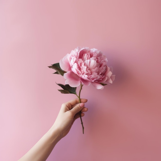 Mano con fiore di peonia rosa Illustrazione AI GenerativexA