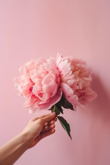 Mano con fiore di peonia rosa Illustrazione AI GenerativexA