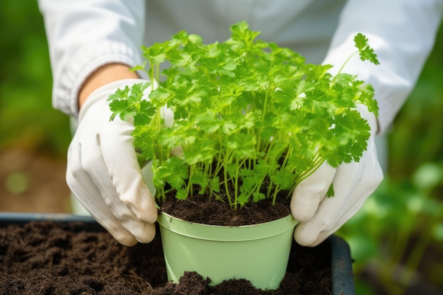 Mano con guanti bianchi con piantine di prezzemolo pronte per essere piantate in un vaso da giardino domestico