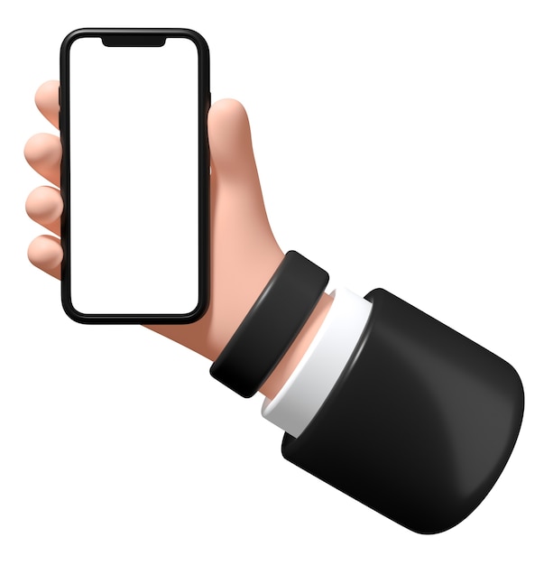mano con uno smartphone su uno sfondo bianco illustrazione 3d uomo d'affari tiene un telefono in mano