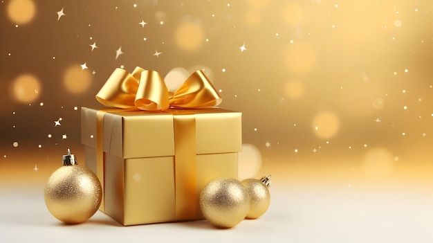 Mano d'oro di auguri con confezione regalo in mezzo a decorazioni festive