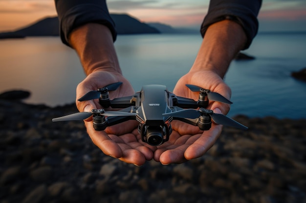 Mano d'uomo che tiene il drone all'aperto mare con sabbia nera nel panorama di sfondo Ia generativa