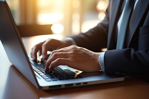 Mano d'uomo digitando sulla tastiera del portatile in ufficio Primo piano della persona che lavora sul computer