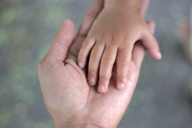 mano del bambino messo sulla mano dei genitori