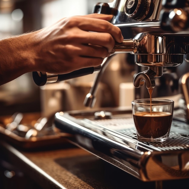 Mano del barista e espresso che versa in una tazza in un negozio di caffè Primo piano della macchina per il caffè portafiltro professionale IA generativa