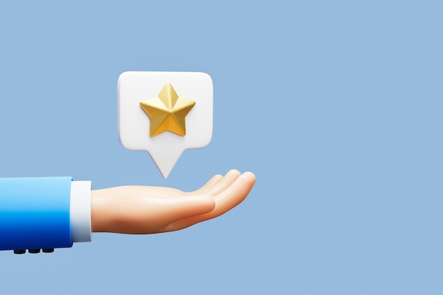 mano del fumetto 3d Icona di revisione della stella di valutazione della mano del cliente positiva del feedback del servizio aziendale. 3d illu