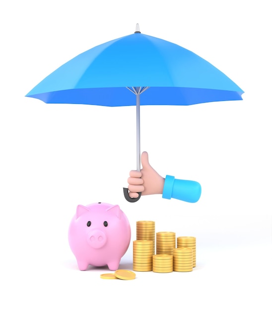 Mano del fumetto che tiene l'ombrello blu per proteggere l'illustrazione dei soldi per il concetto di risparmio