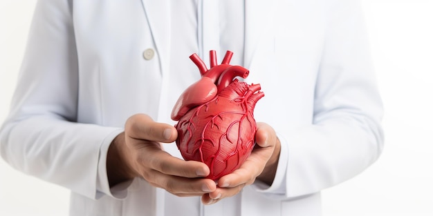 Mano del medico che tiene il modello cardiaco del modello anatomico del corpo umano su sfondo bianco