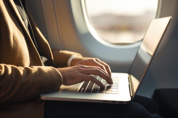 Mano del primo piano di un uomo d'affari che utilizza un computer portatile mentre vola su un aereo vicino alla finestra