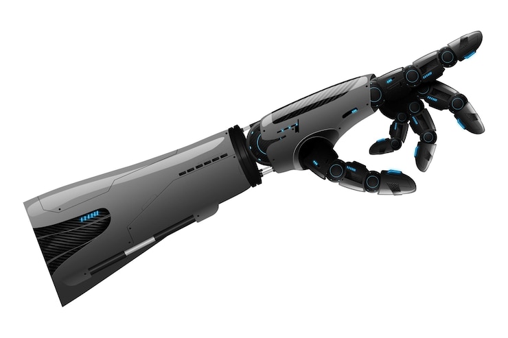 Foto mano del robot android isolata su sfondo bianco. concetto futuro, intelligenza artificiale, manipolatori, automazione. rendering 3d, illustrazione 3d.