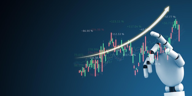 Mano del robot Intelligenza artificiale trading stock o grafico forex rete globale dati aziendali concetto banner sfondo illustrazione 3d