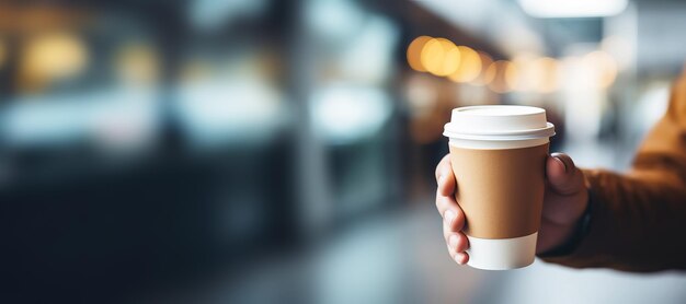 Mano dell'uomo che tiene la tazza di caffè di carta da asporto mock up