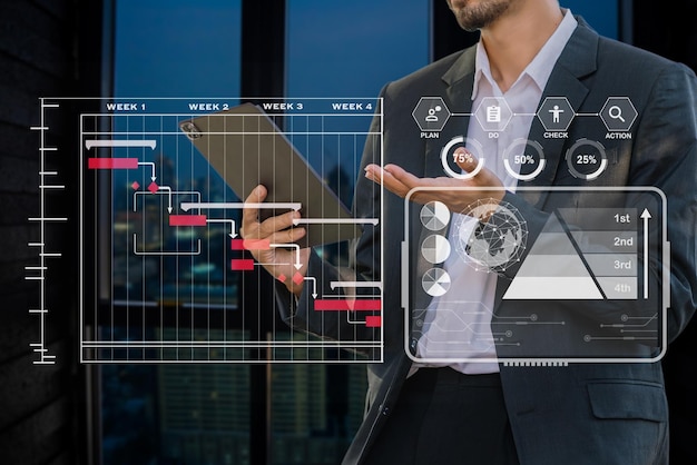 Mano dell'uomo d'affari Project manager che lavora e aggiorna le attività e il diagramma virtuale di pianificazione del diagramma di Gantt con tablet in ufficio