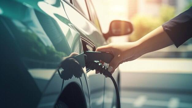 Mano della donna che collega il connettore di ricarica per auto elettrica