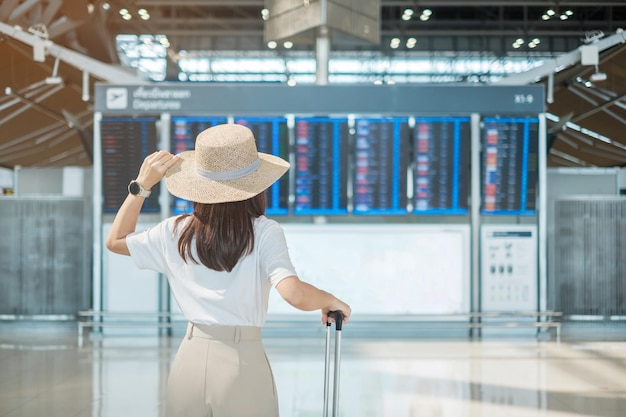 Mano della giovane donna che tiene la maniglia del bagaglio prima di controllare il tempo di volo in aeroporto Assicurazione di trasporto concetti di viaggio e vacanza