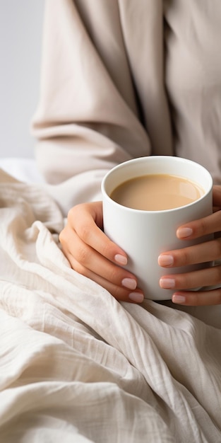 Mano della giovane donna che tiene tazza di caffè bianca sul letto di mattina