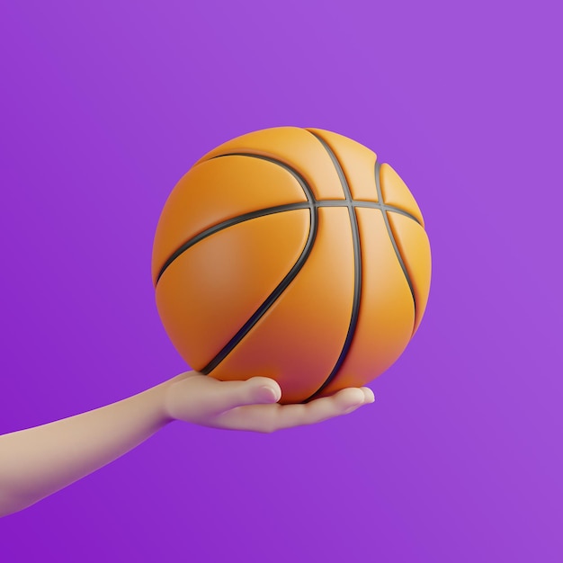 Mano di cartone animato che tiene il basket su un'illustrazione di rendering 3D con sfondo viola
