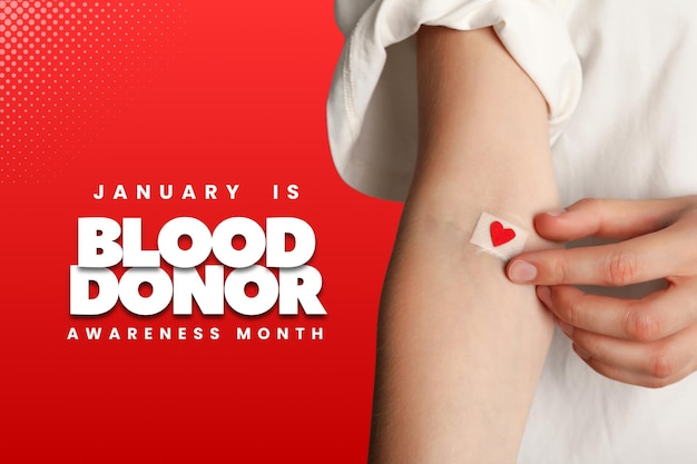 Mano di donazione di sangue con cuore e testo su sfondo luminoso