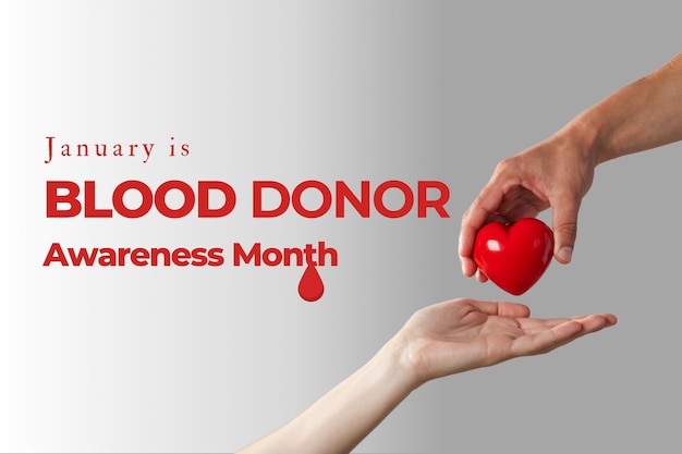 Mano di donazione di sangue con cuore e testo su sfondo luminoso