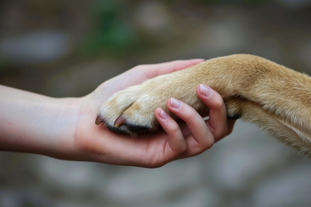 Mano di donna che tiene i cani, zampa di donna, mano