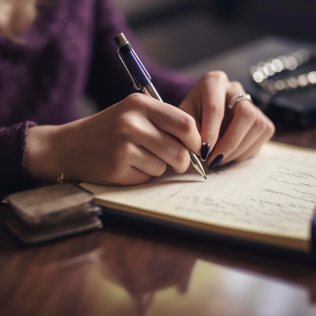 mano di donna che tiene una penna con la scrittura su un quaderno in ufficio closeup