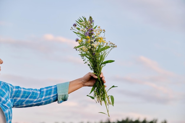 Mano di donna con bouquet di fiori di campo cielo sullo sfondo di nuvole