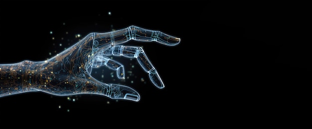 Mano di intelligenza artificiale su sfondo scuro Ologramma digitale Concetto futuristico IA generativa