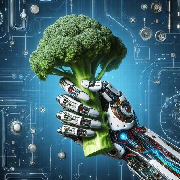 Mano di robot che tiene i broccoli