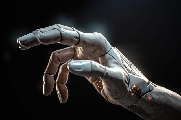 Mano di un cyborg bianco su sfondo nero