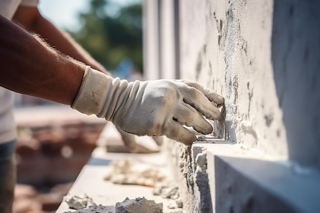 mano di un operaio che intoncia cemento al muro per la costruzione di una casa