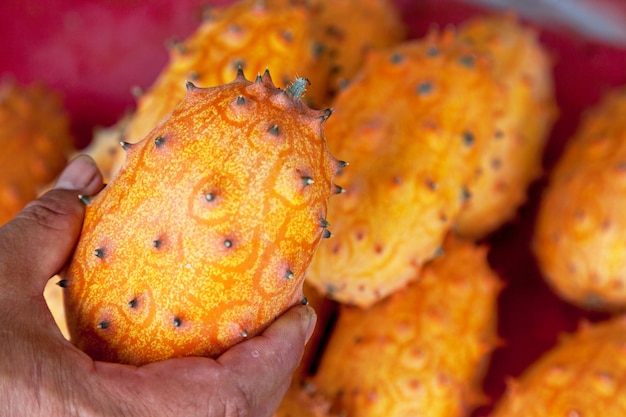 Mano di un uomo che tiene un kiwano