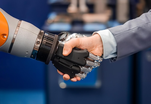 Mano di un uomo d'affari che stringe la mano a un robot Android. Il concetto di interazione umana con l'intelligenza artificiale.