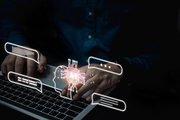 Mano di uomo d'affari che chiacchiera con AI intelligente o intelligenza artificiale Automatizzare il chatbot Applicazione di robot digitale OpenAI generare tecnologia futuristica