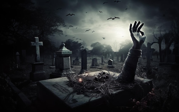 Mano di zombi che esce da un cimitero in una notte spettrale AI generativa