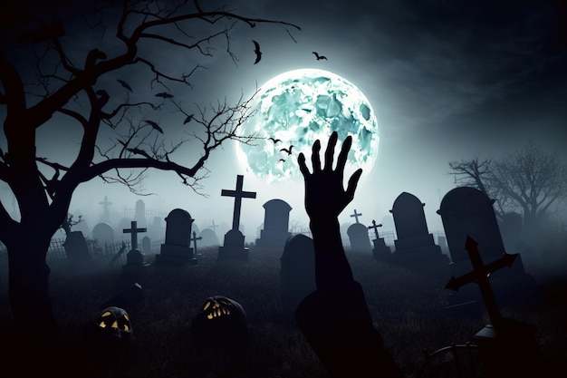 Mano di zombie che sale da un cimitero nella notte spettrale