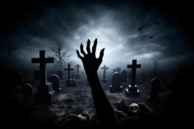 Mano di zombie che sale da un cimitero nella notte spettrale