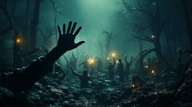 Mano di zombie che sale da un cimitero nella notte spettrale