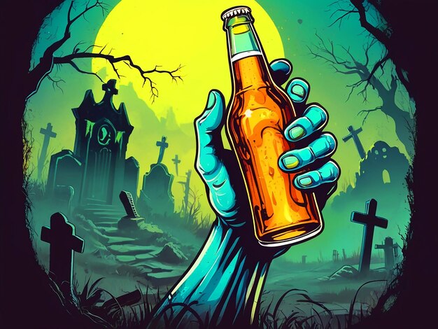 Mano di zombie con bottiglia di birra in mano cimitero su bg vintage t-shirt design