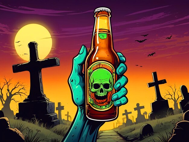 Mano di zombie con bottiglia di birra in mano cimitero su bg vintage t-shirt design